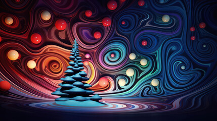 Abstract fantasy decorativ Christmas tree with colorful background as wallpaper illustration - obrazy, fototapety, plakaty