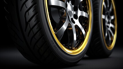 Car wheel with tire side view isolated on dark background. AI generated image - obrazy, fototapety, plakaty