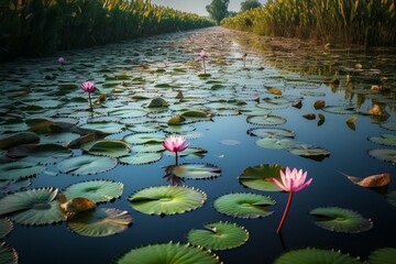Lotus flowers create a tranquil trail on the serene water. Generative AI