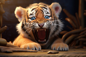 Filhote fofo de tigre rugindo - Ilustração fofa  - obrazy, fototapety, plakaty