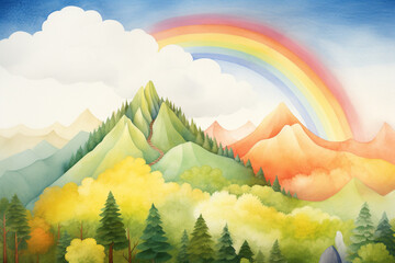 Vale magico com montanhas coloridas e arco íris no céu - Ilustração Infantil 