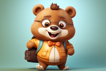 Urso fofo com um sorriso usando mochila de escola - Ilustração personagem fofo - obrazy, fototapety, plakaty