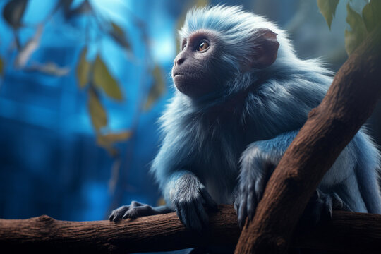 Macaco branco na floresta com iluminação azul - Papel de parede fantasia