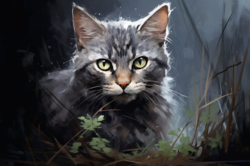 gato cinza selvagem - ilustração - obrazy, fototapety, plakaty