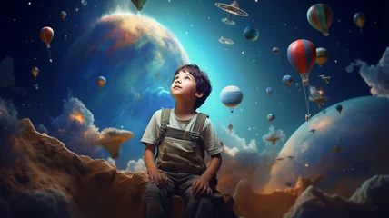 Fotobehang little boy with moon in space at background of the earth © Daniel