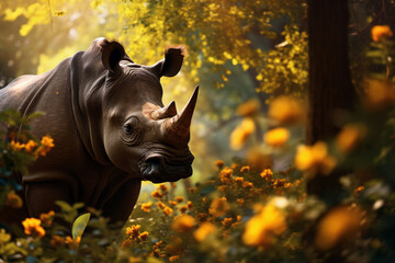 Rinoceronte em uma floresta com flores amarelas - Papel de parede 