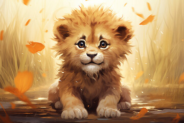 Filhote de leão fofo sentado na grama alta com iluminação amarelada - Ilustração fofa 