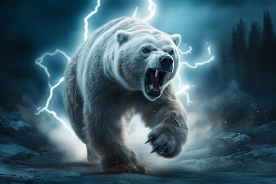 Urso branco da tempestade com raios ao seu redor - Papel de parede fantasia 