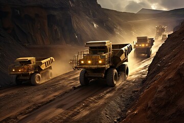 Industrial dump trucks in open pit mine, 3D rendering, natural resources mining, gold mining, coal mining, mining areas, Heavy mining truck driving on the mining site, Large trucks - obrazy, fototapety, plakaty