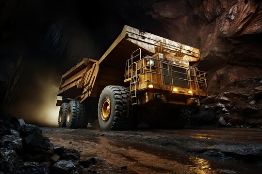 Delve deep into the world of mining, Dump truck in a coal mine, 3d rendering image, gold mining area, mineral mining, in search of natural resources, yellow haul truck in the mine