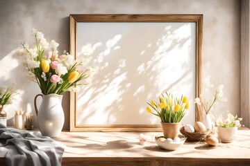 A Canvas Frame for a mockup in an Easter living room, capturing the essence of a spring morning, with rays of sunlight accentuating the room's festive decor and fresh floral arrangements