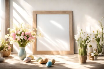 A Canvas Frame for a mockup in an Easter living room, capturing the essence of a spring morning, with rays of sunlight accentuating the room's festive decor and fresh floral arrangements