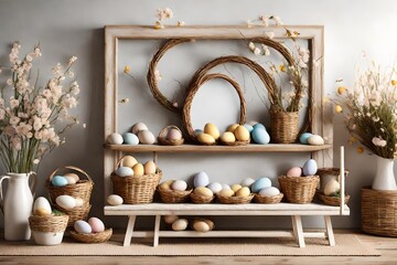 A Canvas Frame for a mockup showcasing a tranquil Easter living room scene, where a hearth is decorated with woven Easter baskets and the soft chirping of birds can almost be heard - obrazy, fototapety, plakaty