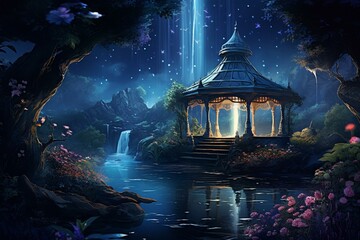 Enchanted garden with a flower-covered gazebo, waterfall, and a moonlit night sky. Landscape inhabited by fairies and elves. Generative AI - obrazy, fototapety, plakaty