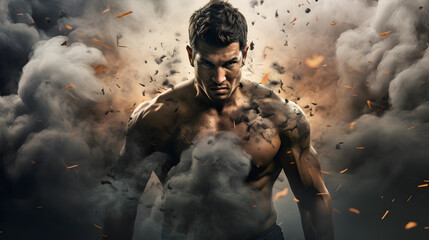 Muscular fighter man with strong expression coming out of dust smoke