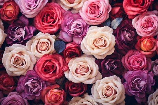 background filled with beautiful roses. Generative AI