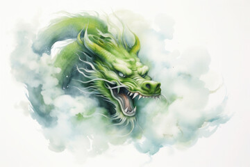 green Chinese dragon in the clouds or smoke. watercolor style, new year and horoscope. mythological animal.