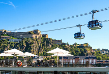 Koblenz, Rhine-River with cablecar and cruiseships