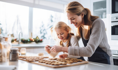 A mother and daughter baking festive christmas cookies together at home during the holidays - obrazy, fototapety, plakaty