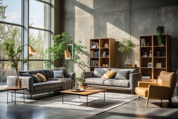 Obraz na płótnie Canvas Grey couch and sofa, wooden table and bookshelves in modern design living room with gray concrete walls and big window. Loft style interior