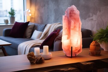 Modern living room interior with hymalaia salt lamp. Balance and calm energy flow, decrease stress and purify air idea