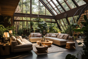 Ecolodge house interior living room with textile couch, green plants and wooden table surrounded by...