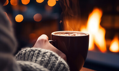 A person relaxing by a cozy fireplace with a mug of warm hot chocolate on a winter evening - obrazy, fototapety, plakaty
