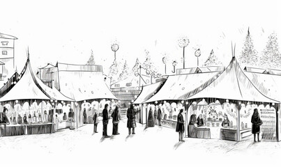 Christmas market black and white simple line art sketch