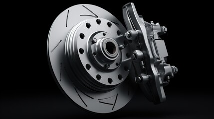 Closeup of steel disc brake car isolated dark background. AI generated image - obrazy, fototapety, plakaty