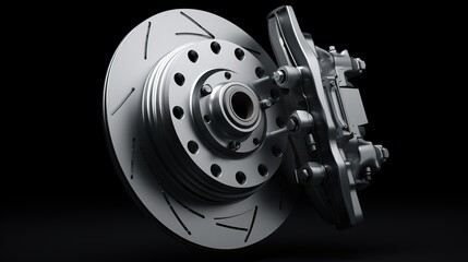 Closeup of steel disc brake car isolated dark background. AI generated image