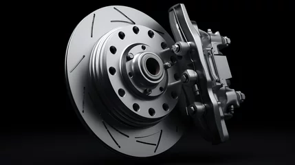 Fotobehang Closeup of steel disc brake car isolated dark background. AI generated image © is