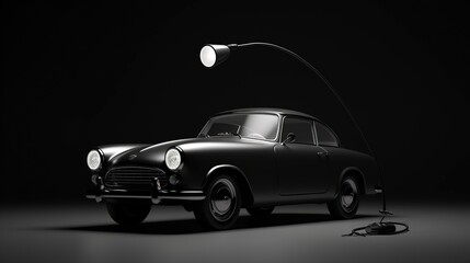 Unique classic car under road lamp isolated black background. AI generated image - obrazy, fototapety, plakaty