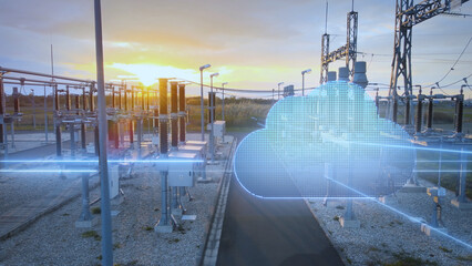 Cybersecurity big data center cloud computing and artificial intelligence futuristic surveillance. Energy power station at sunset