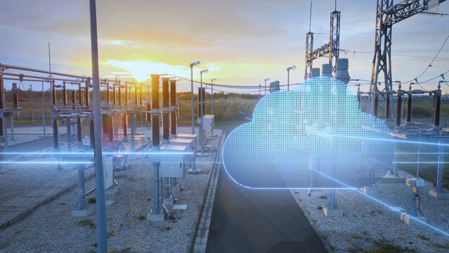 Cybersecurity big data center cloud computing and artificial intelligence futuristic surveillance. Energy power station at sunset