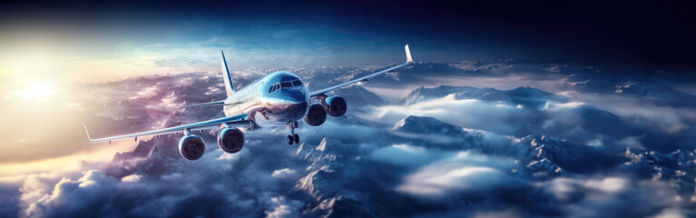 commercial airplane flying through the clouds in the sky as wide banner poster design with copy space area for air travel and holiday vacation airline trips