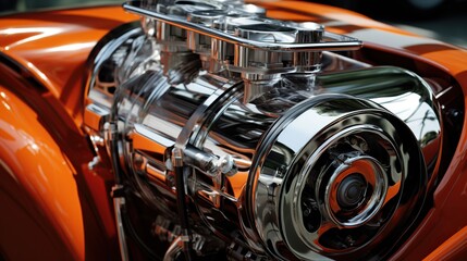 Shiny chrome parts in car engine close up view. AI generated image - obrazy, fototapety, plakaty