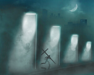 A religious Christian runs with the burden of a wooden cross on his shoulder. He is seen in a 3-d illustration at night in the fog in an urban area. - obrazy, fototapety, plakaty