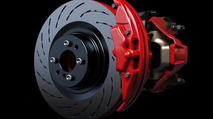 Closeup of steel disc brake car isolated dark background. AI generated image
