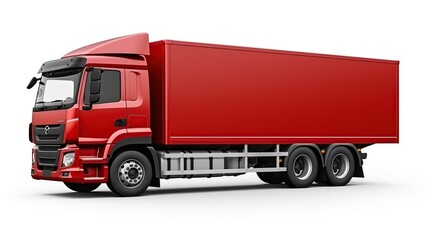 Red container truck side view isolated background. AI generated image