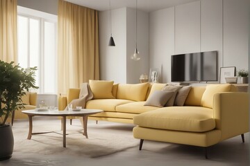Sunny Serenity: The Interior of a Light Yellow Modern Room Featuring a Comfortable Sofa for a Warm and Inviting Space