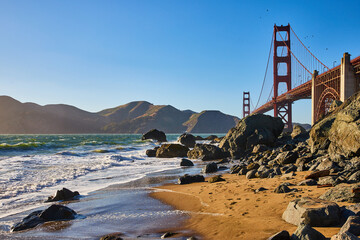 Boulders blocking path to Golden Gate Bridge on San Francisco Marshalls Beach