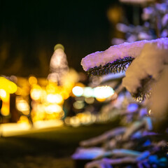 Winter atmosphere on the Cristmas market with snow  covered tree branches in the foreground and...