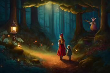 A whimsical children's book cover featuring a magical forest, playful animals in colorful attire, and a young girl with a lantern, guiding the way through the enchanting woods, Illustration, 