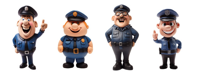 Funny cartoon policeman made of plasticine, different versions, isolated