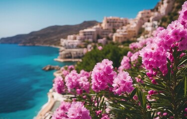 Obraz premium Floral Paradise: A Close-Up of Beautiful Pink Yasmine Flowers Lining a Resort Promenade Adorned with Blooming Colorful Oleanders, Against the Stunning Backdrop of the Sea
