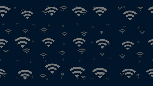 Wifi symbols float horizontally from left to right. Parallax fly effect. Floating symbols are located randomly. Seamless looped 4k animation on dark blue background