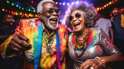 Senior african-american couple wearing colorful clothes dancing and laughing