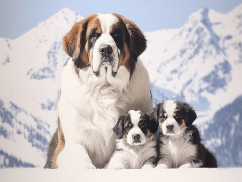 Saint Bernard dog with two puppies with snowy mountains in background