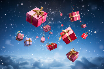 Red Christmas gifts falling from the sky