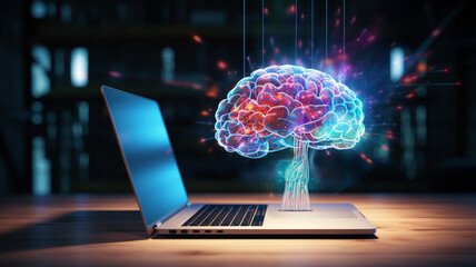 creative brain with human brain on modern laptop computer background. neural networks and machine learning